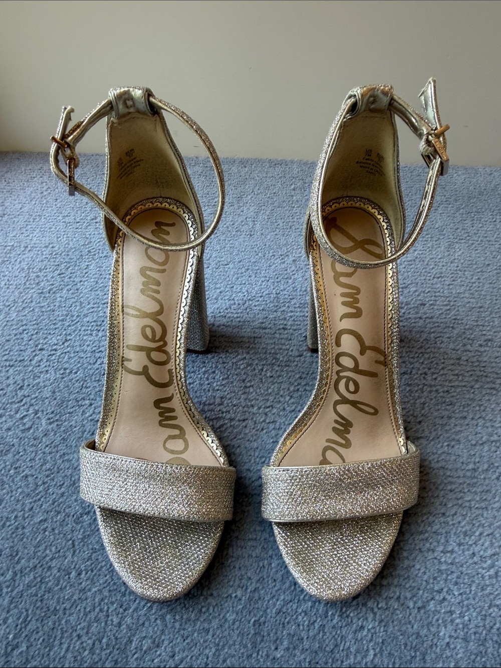 Sam Edelman Metallic Gold Glitter Ankle-Strap Block Heels